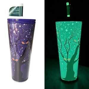 Starbucks Halloween Venti Tumbler Purple Tree Eyes GLOW IN THE DARK NEW 2022